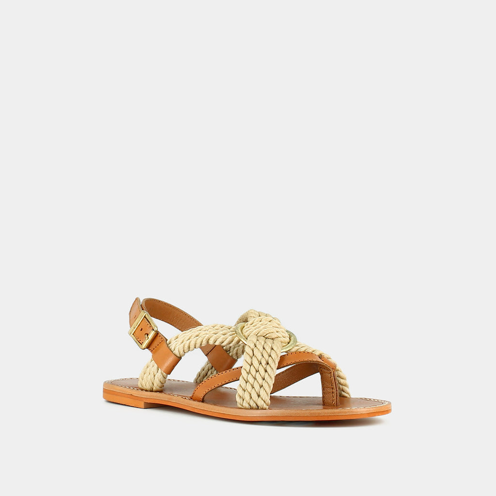 Winna Leather/Rope Flat Sandals - Camel/Beige