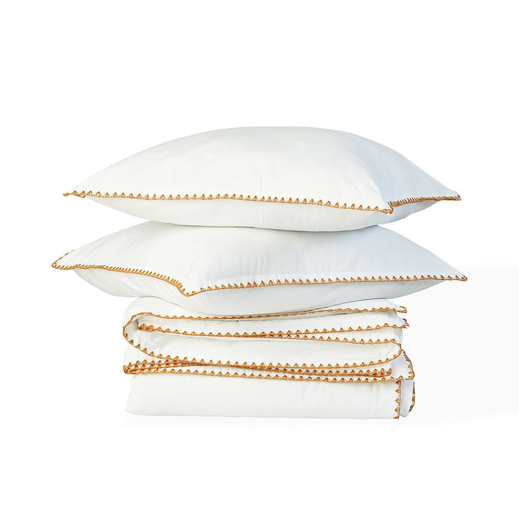 Zoé - Bedding Set + Pillowcases - Cotton Percale - White/Caramel