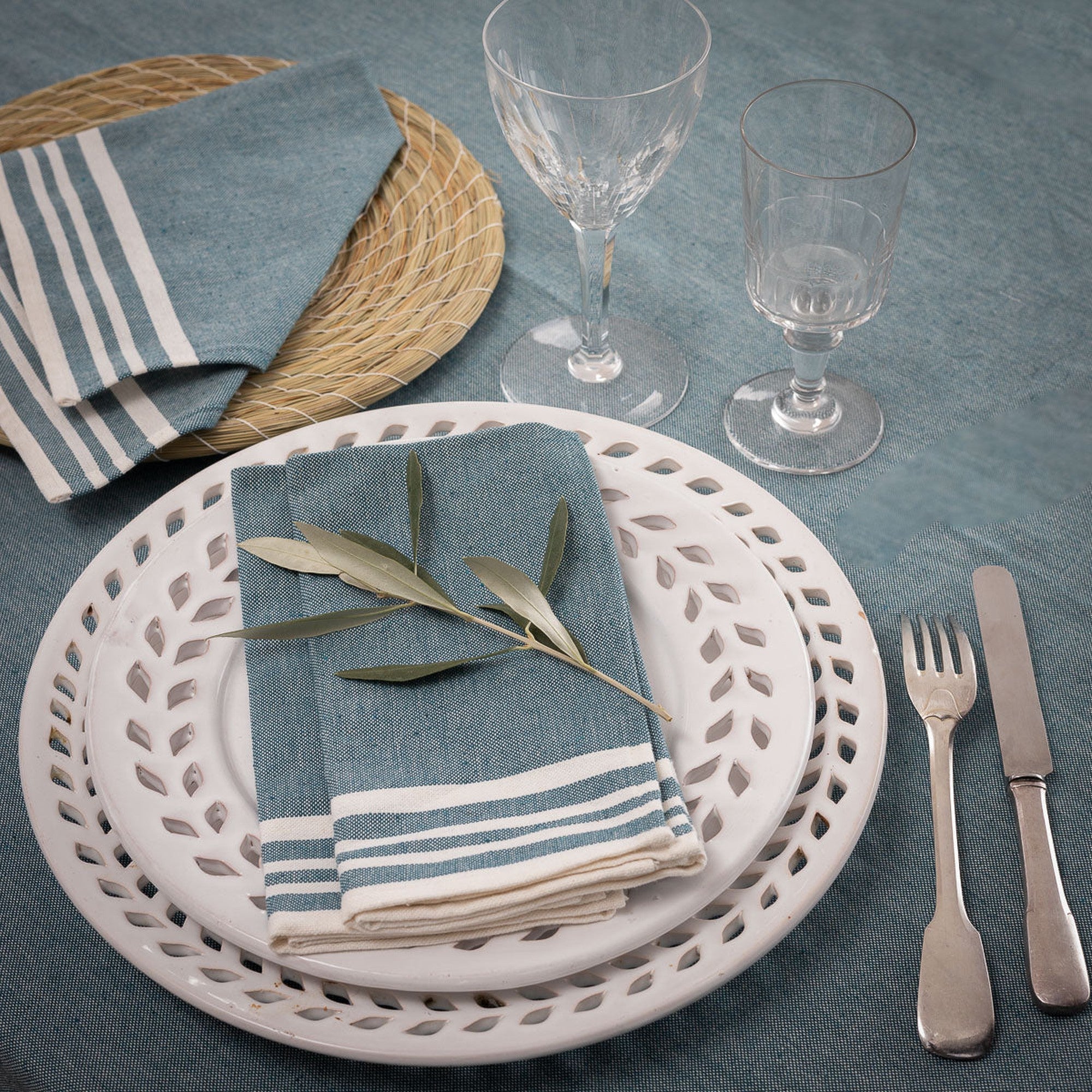 Mahdia - Nappe + 4 Serviettes - Bleu Pétrole