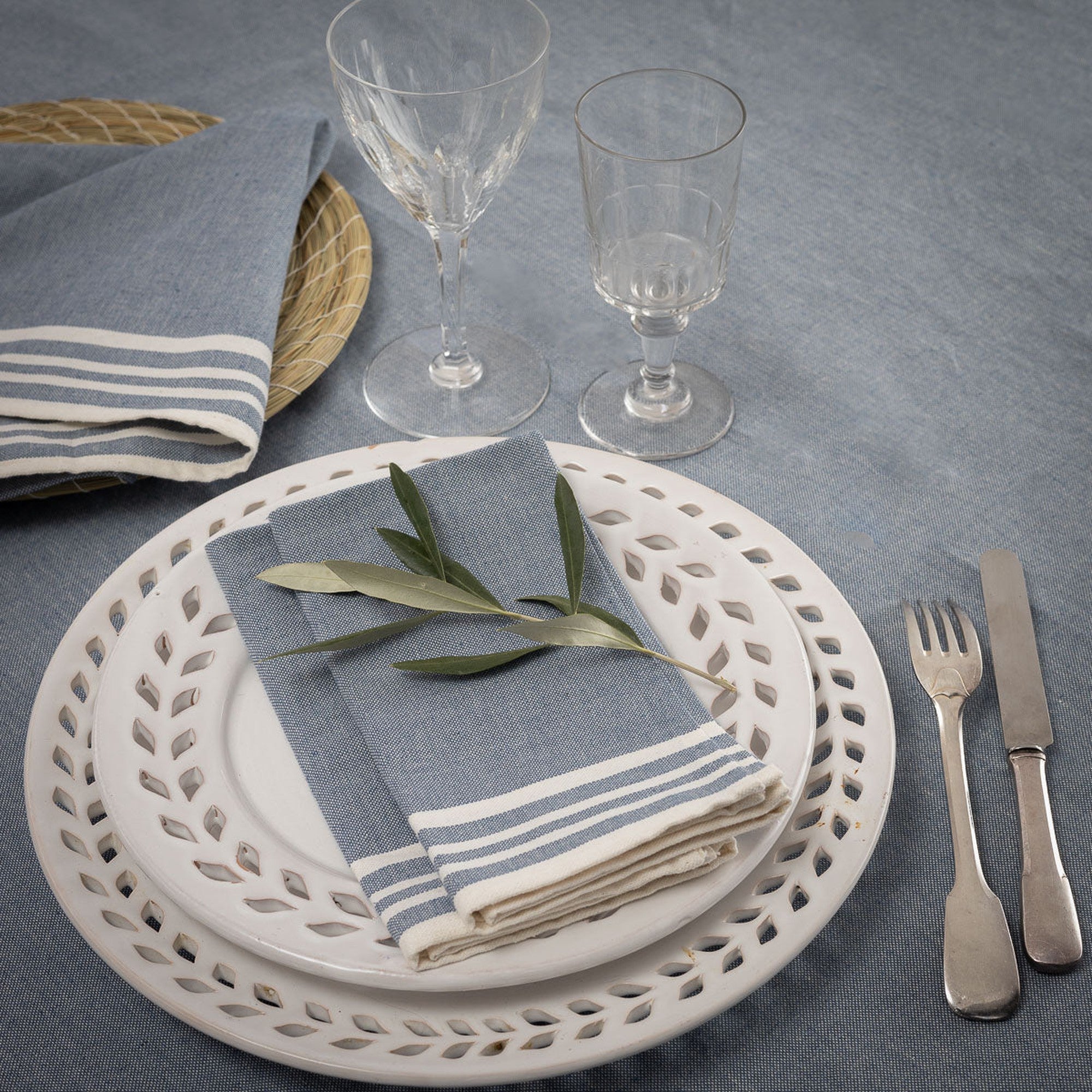 Tablecloth &amp; 8 Cotton Napkins 180x350 - Mahdia - Denim Blue