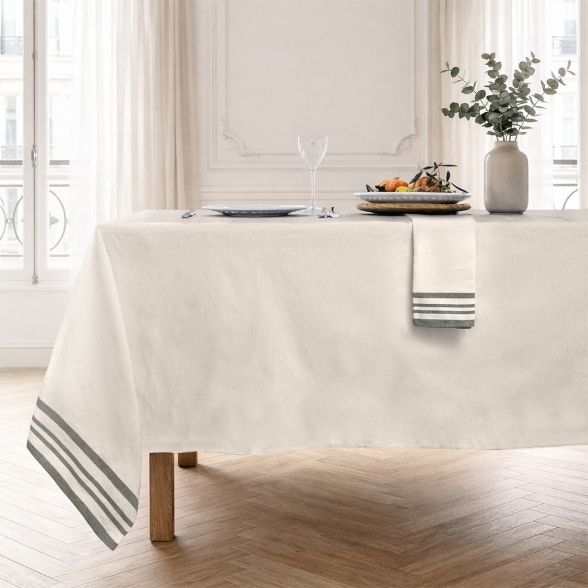 Guetary - Lote de 4 servilletas de mesa - Lino - Beige/Verde oliva