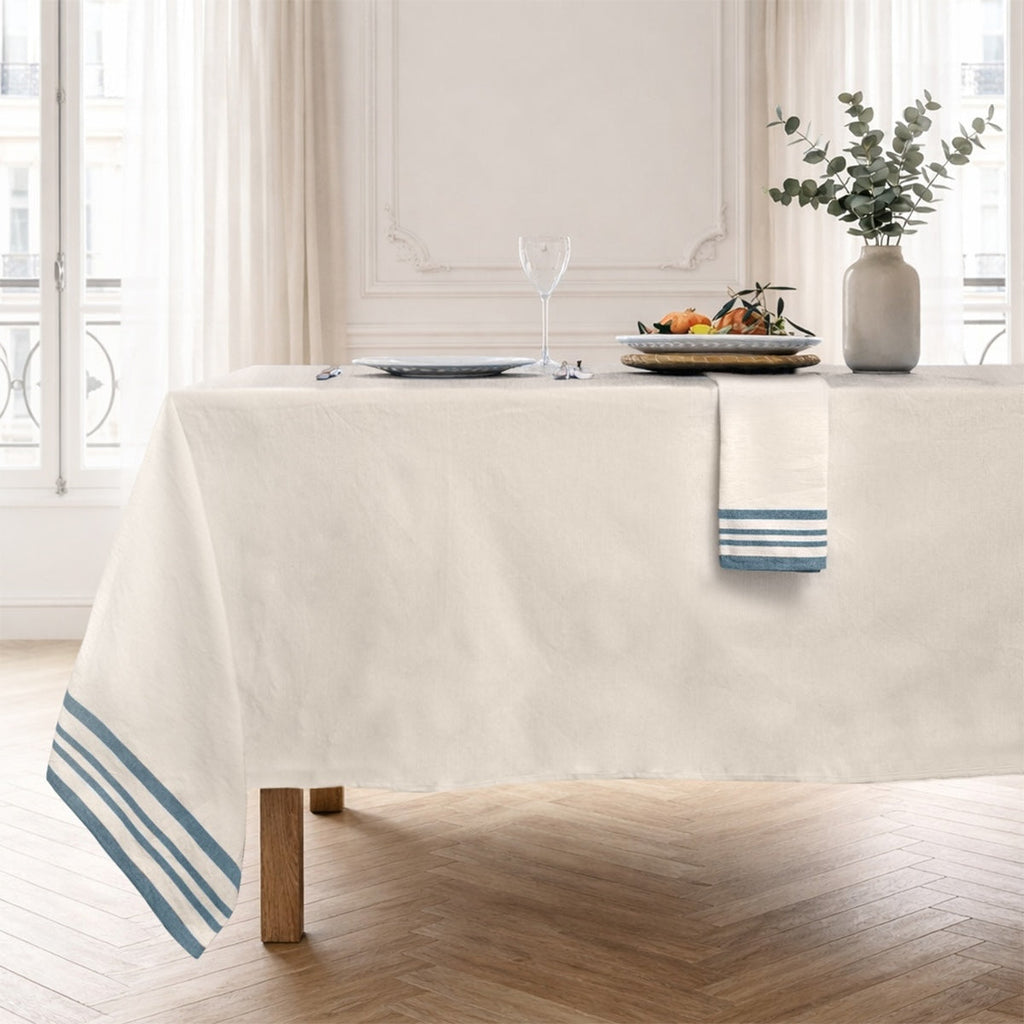 Guetary - Lot De 4 Serviettes De Table - Beige Lin/Bleu Pétrole