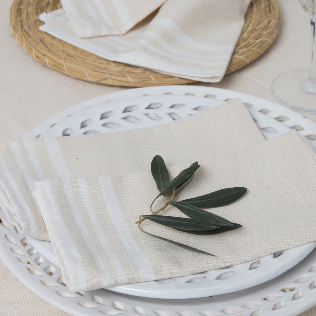 Guetary - Nappe + 8 Serviettes - Beige Lin/Blanc
