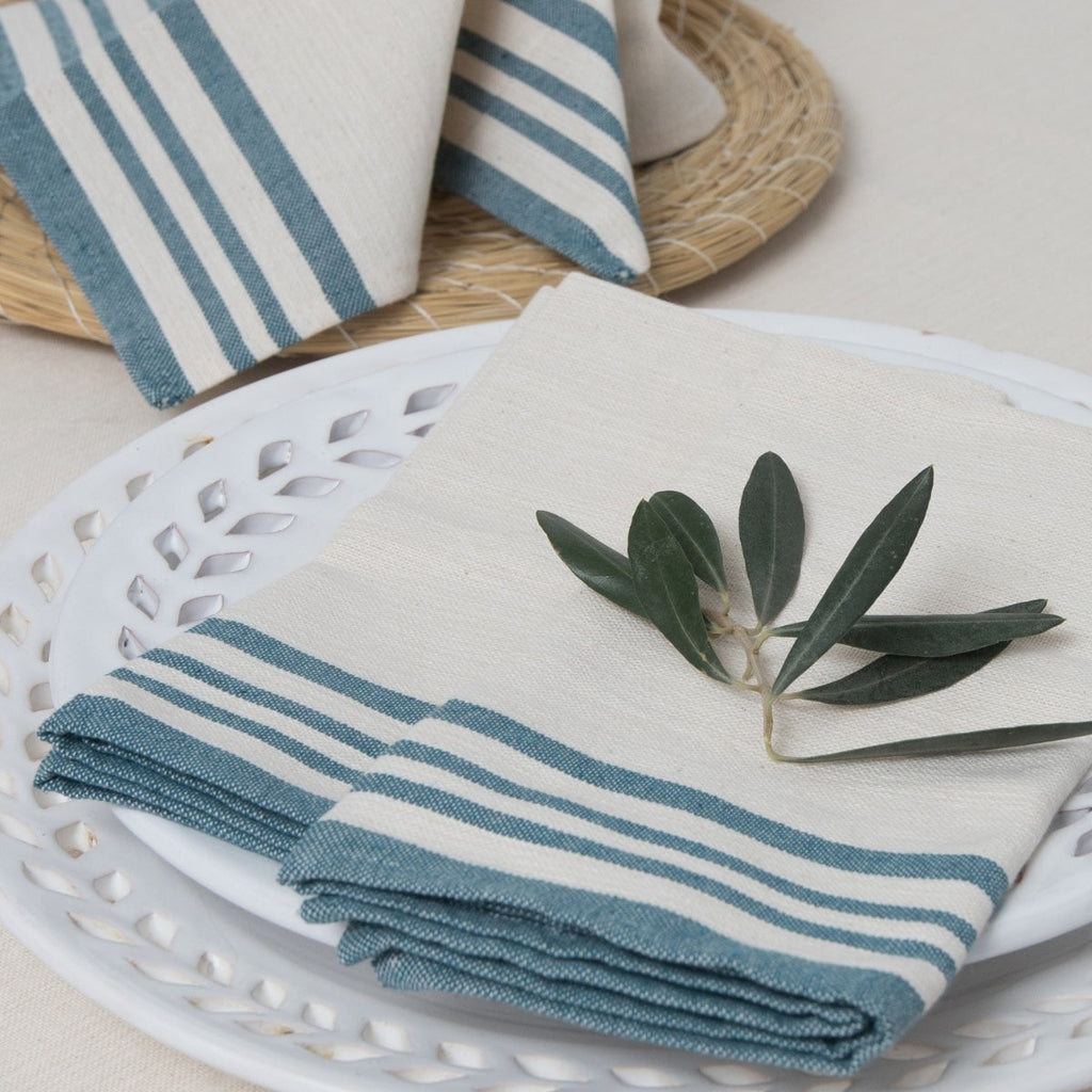 Guetary - Parure De Table - Coton - Beige Lin/Bleu Pétrole