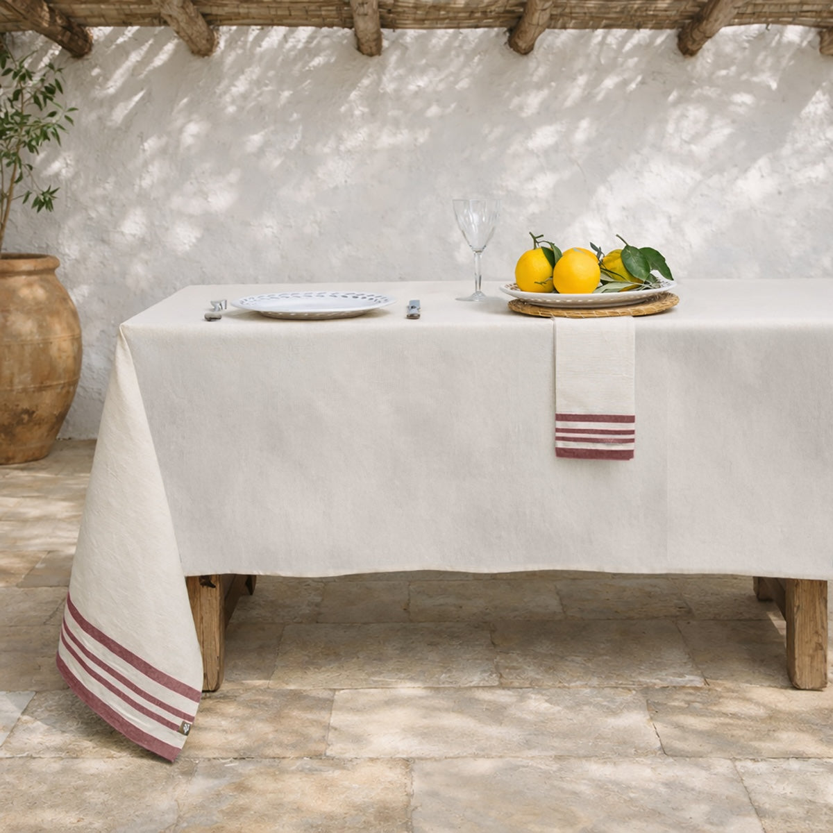 Mantel + 10 Servilletas Guetary - Lino Beige / Rojo Tomette - Algodón