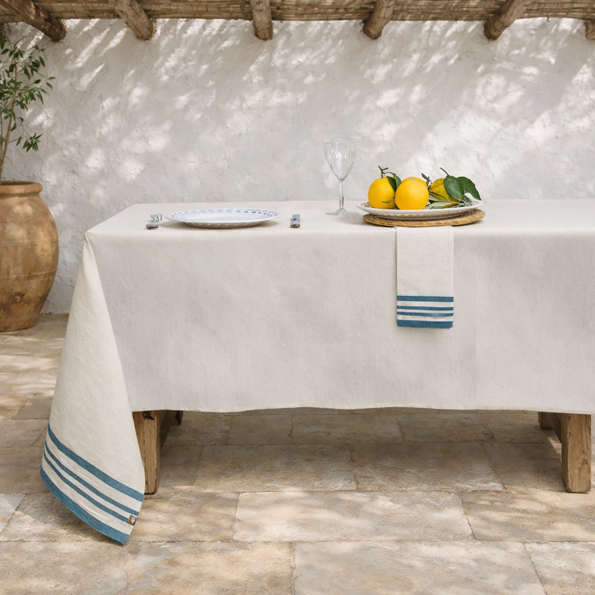 Guetary - Parure De Table - Coton - Beige Lin/Bleu Pétrole
