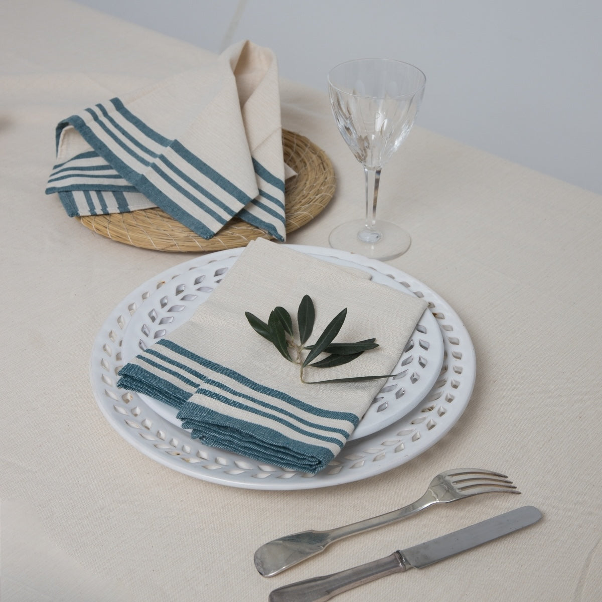 Guetary - Parure De Table - Coton - Beige Lin/Bleu Pétrole
