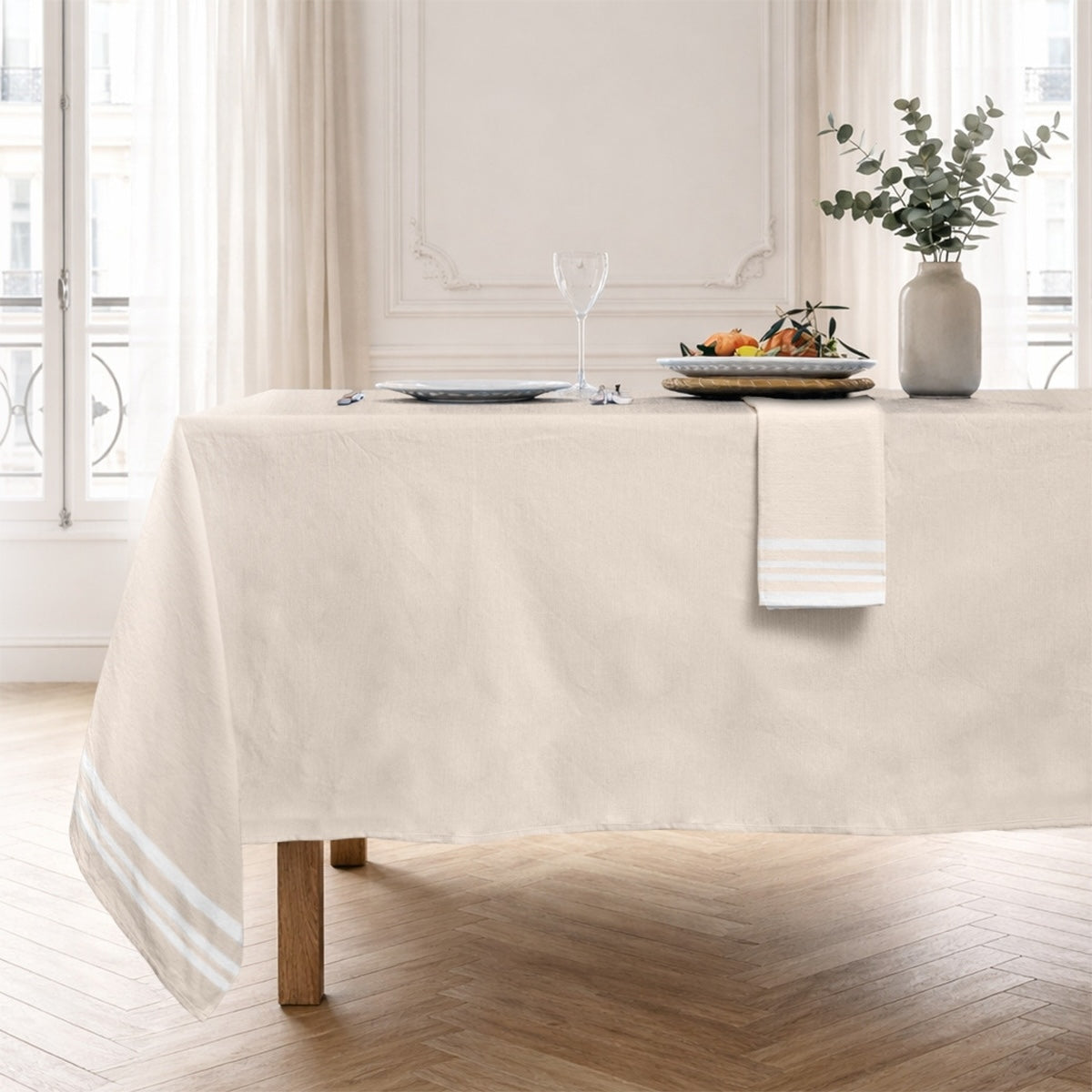 Guetary - Nappe + 10 Serviettes - Beige Lin/Blanc