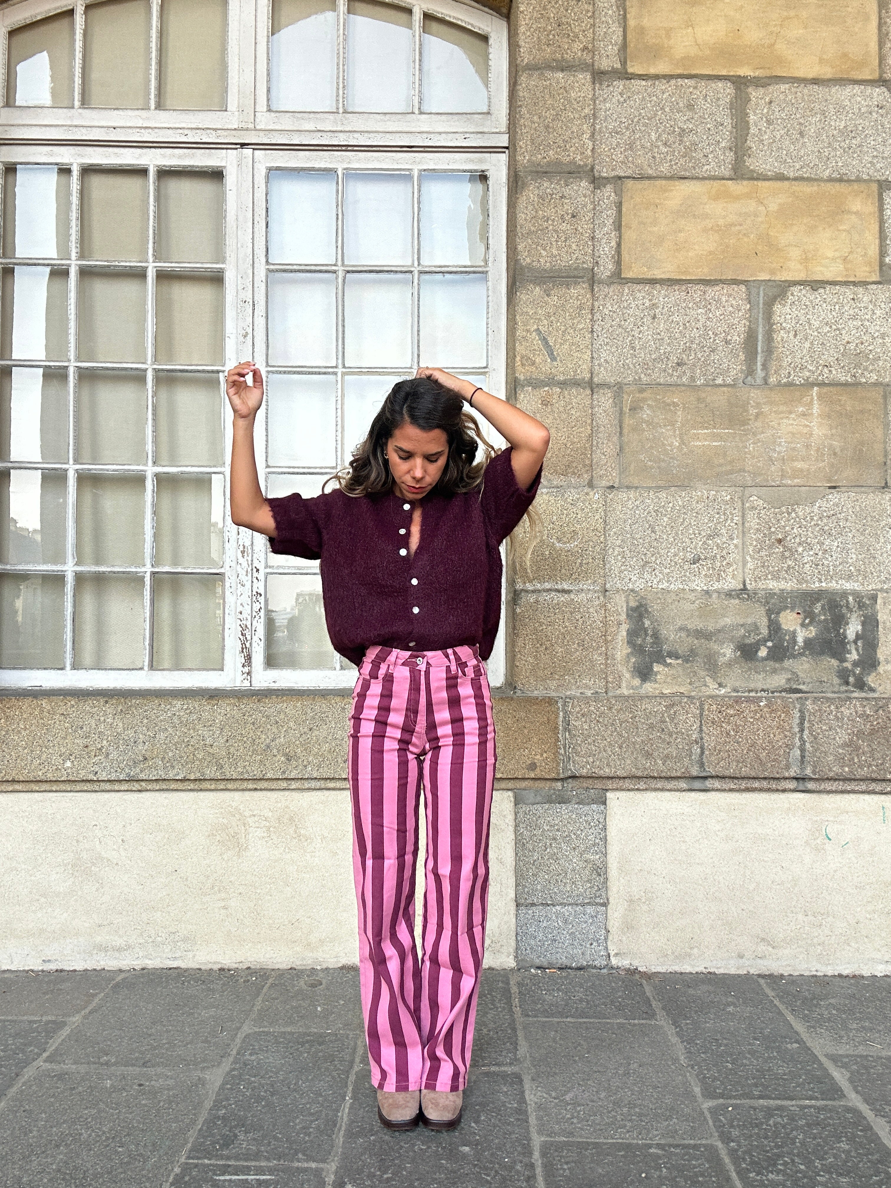 Isabeau pink and burgundy striped jeans