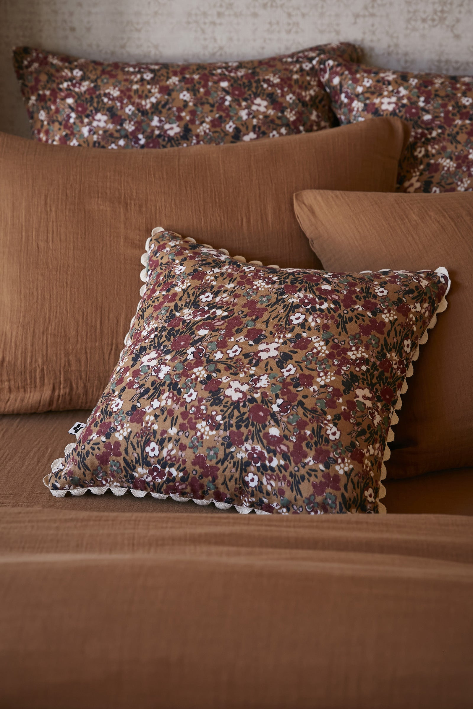 Removable Cover Printed Cotton Gauze Cushion - Capucine - Camel