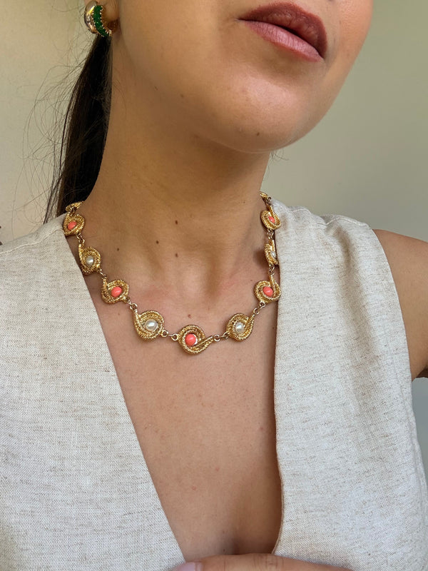 Vintage Gold-Tone Necklace - Pearl And Coral Cabochon Embellished Links