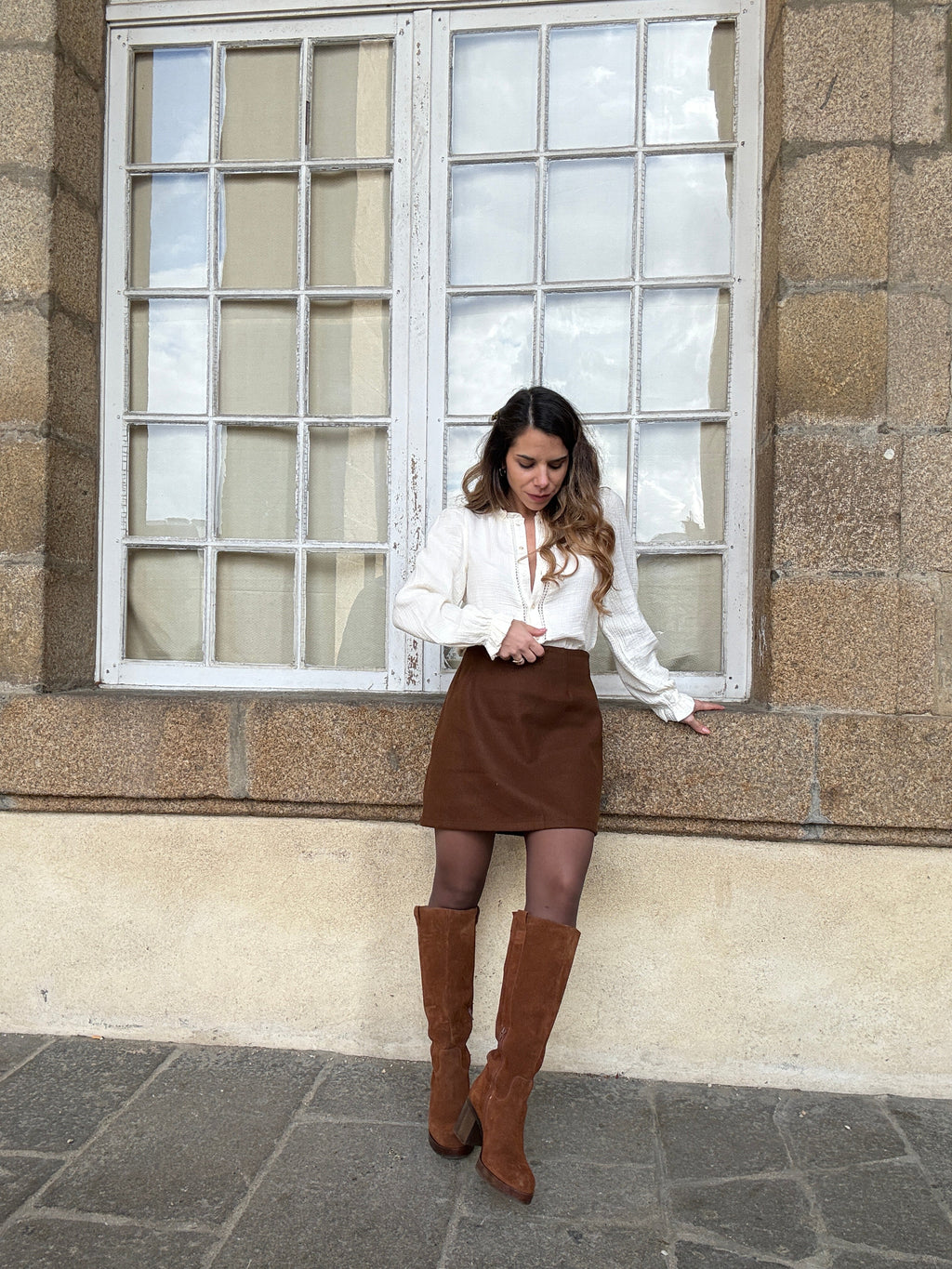 Lou chocolate wool-effect skirt