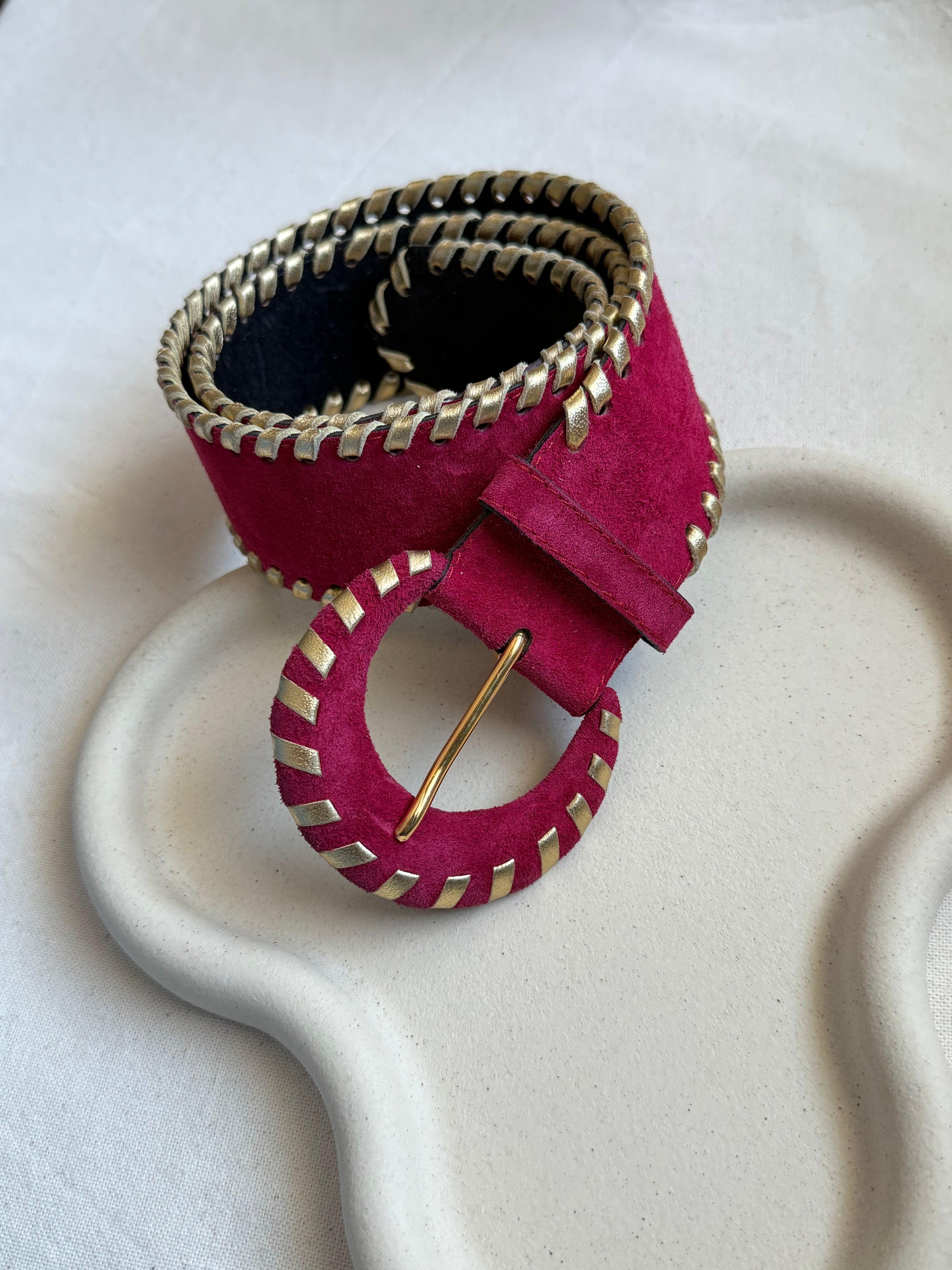 Ceinture Yves Saint Laurent Vintage - Daim Framboise Et Cuir Doré