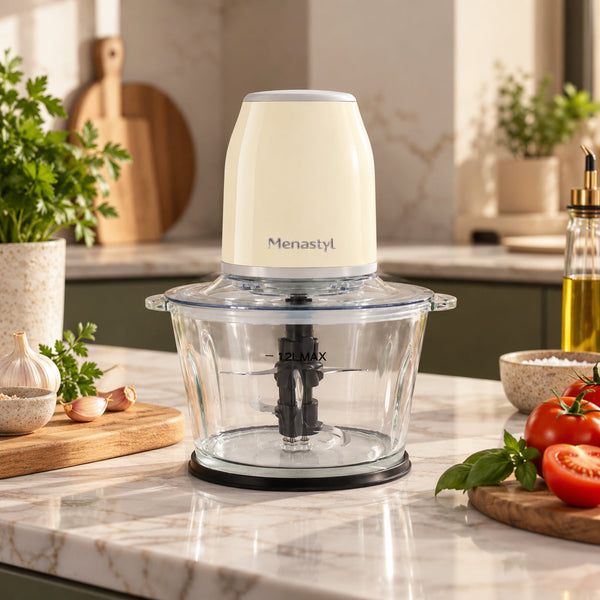 Rétro - Picadora eléctrica - Plástico y recipiente de cristal - 1,2 l
