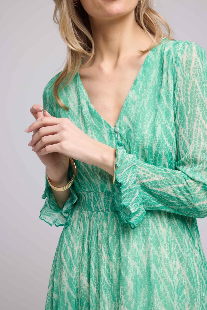 Robe Courte Manches Longues - Print Vert