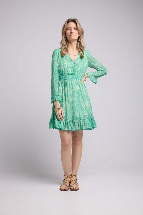 Robe Courte Manches Longues - Print Vert