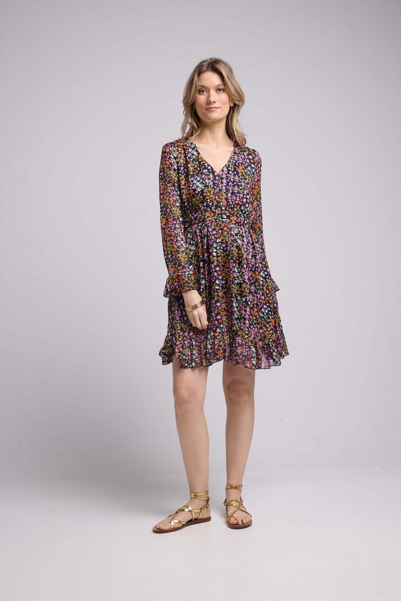 Robe Courte Manches Longues - Fleurs Multicolor