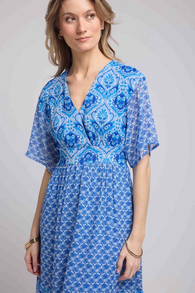 Robe Longue Manches Courtes - Bandana Bleu
