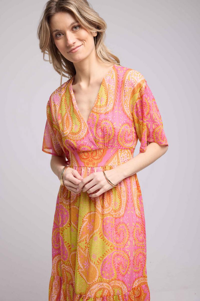 Vestido largo de manga corta - Amarillo Naranja Púrpura