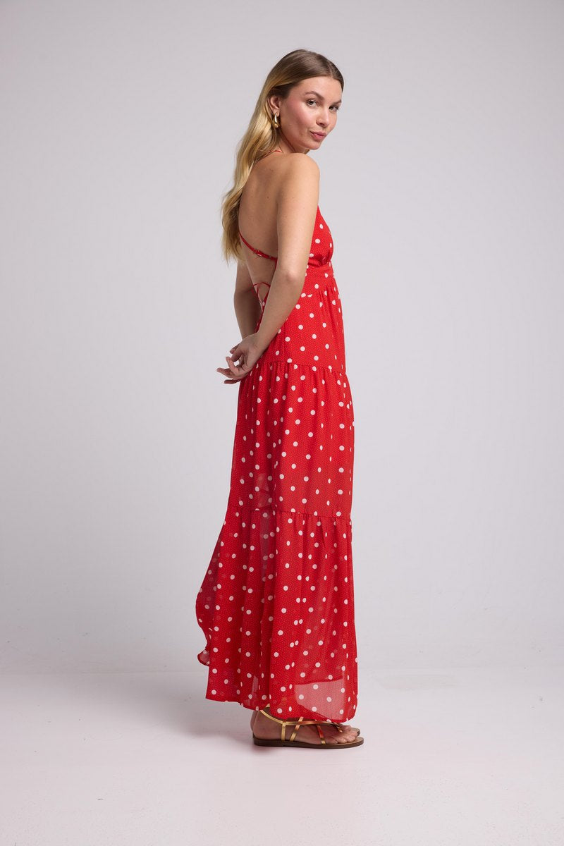 Long Strappy Dress - Red Polka Dots