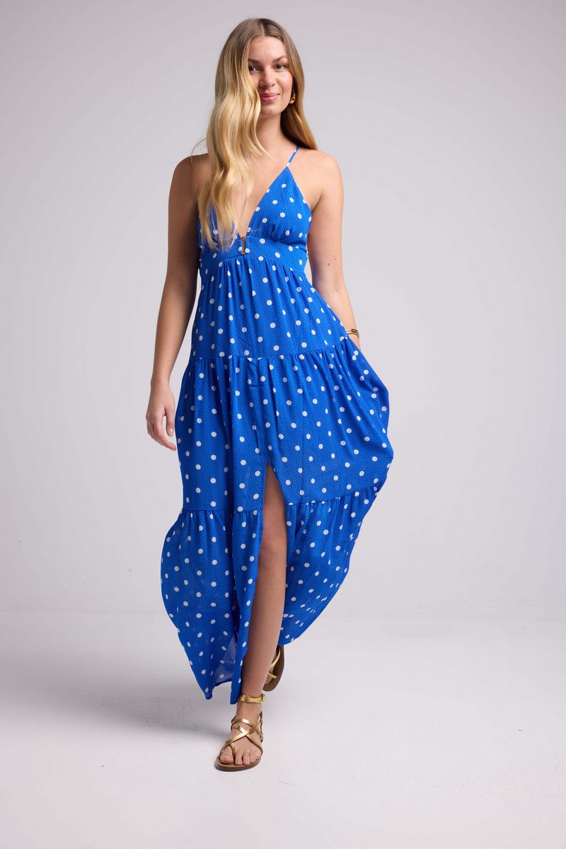 Vestido Largo de Tirantes - Lunares Azules