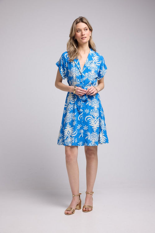 Robe Courte Manches Courtes - Feuilles Bleu