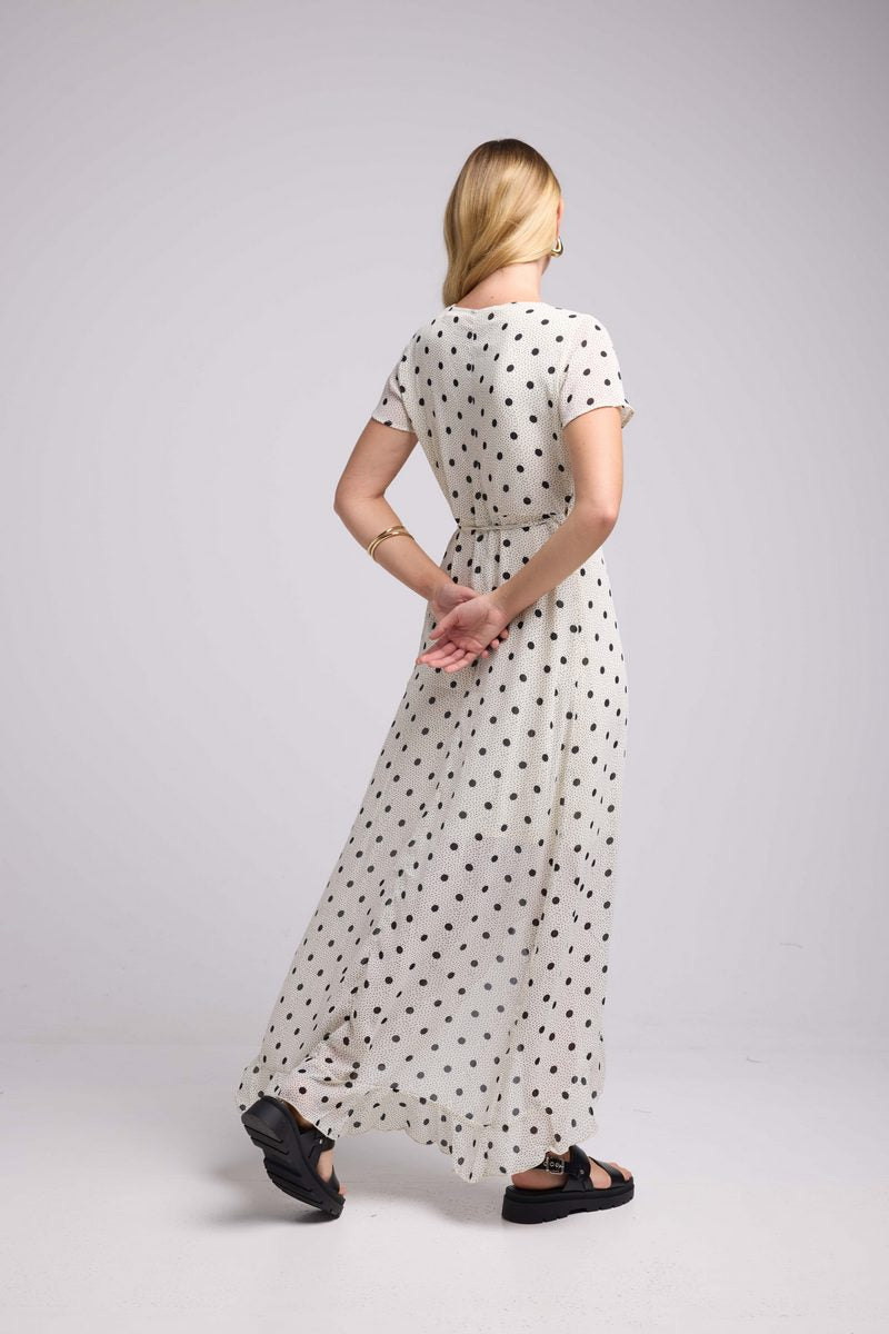 Vestido Largo Manga Corta - Lunares Blancos