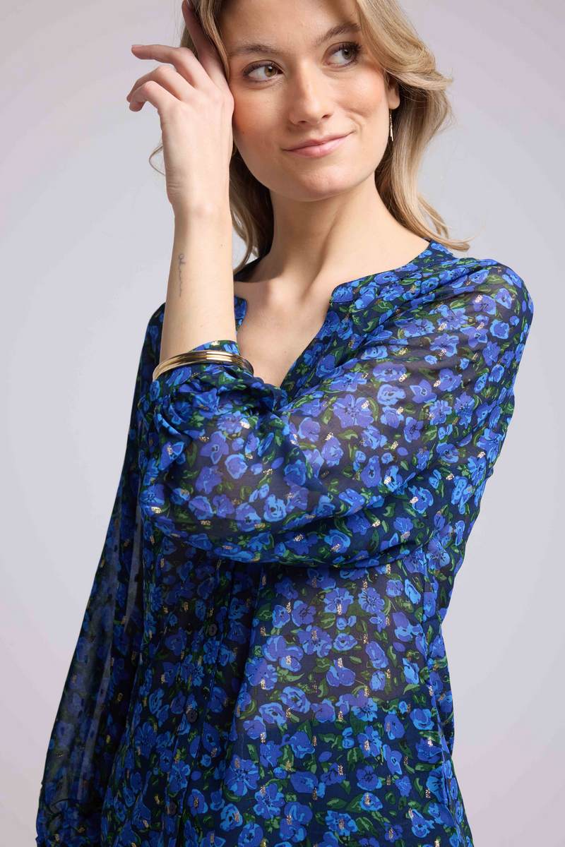 Blouse Manches Longues - Fleurs Bleu