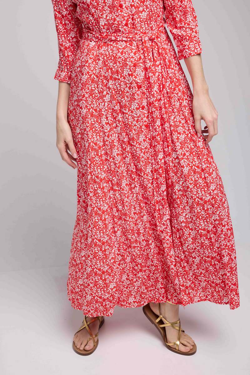 Vestido Largo Manga Larga - Flores Rojas