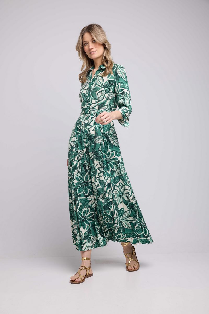 Vestido Largo Manga Larga - Verde Oscuro Blanco