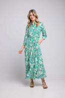 Long Sleeve Long Dress - Green White
