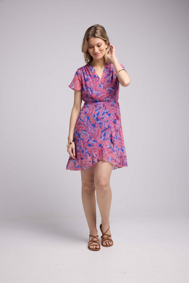 Robe Courte Manches Courtes - Cachemire Bleu Rose