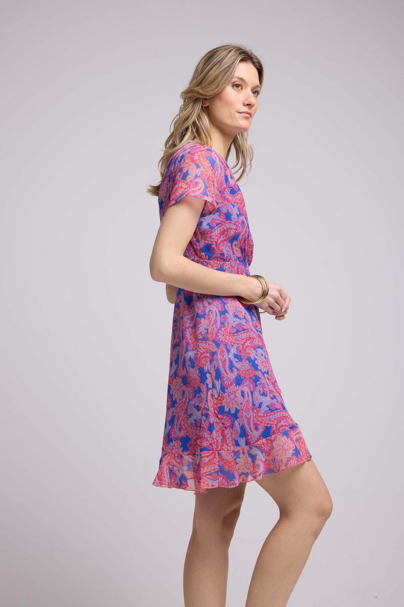 Robe Courte Manches Courtes - Cachemire Bleu Rose