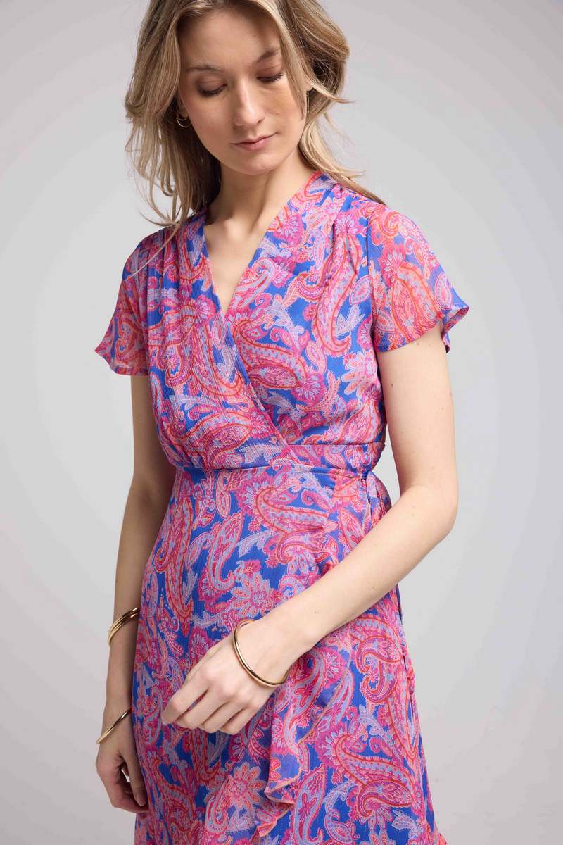 Robe Courte Manches Courtes - Cachemire Bleu Rose