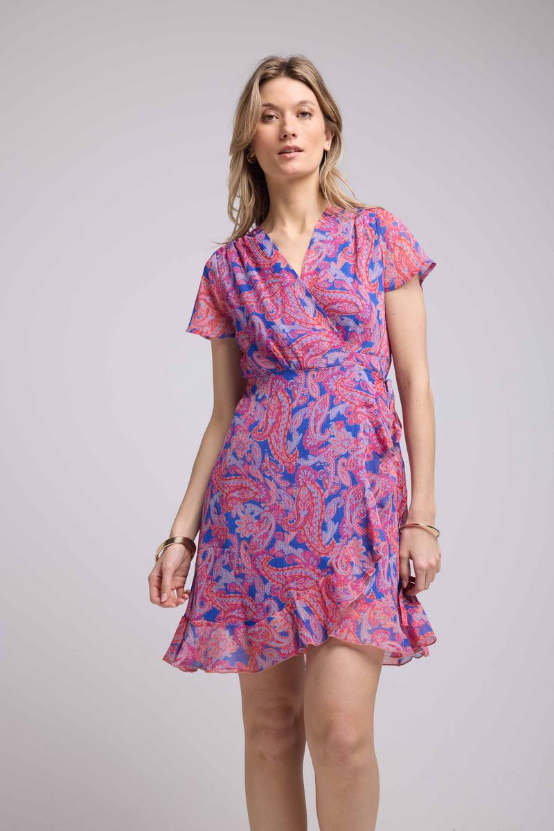 Robe Courte Manches Courtes - Cachemire Bleu Rose