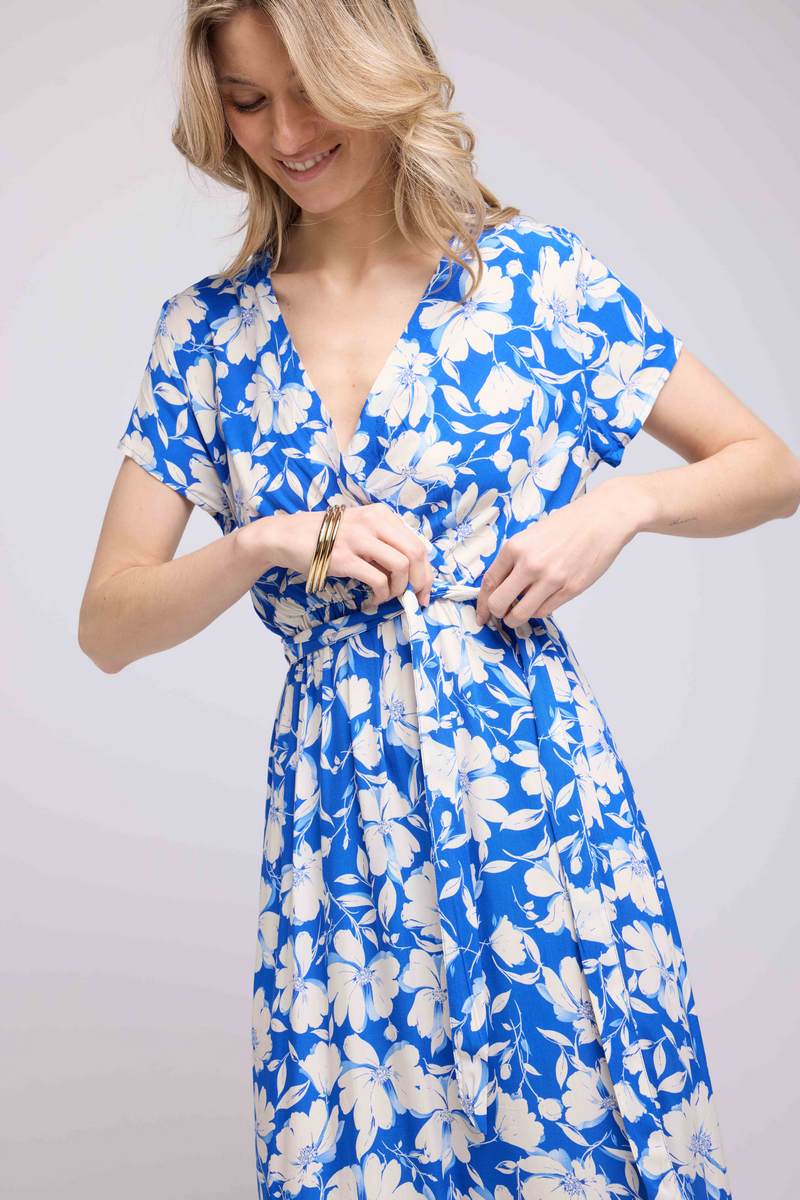 Robe Longue Manches Courtes - Fleurs Bleu