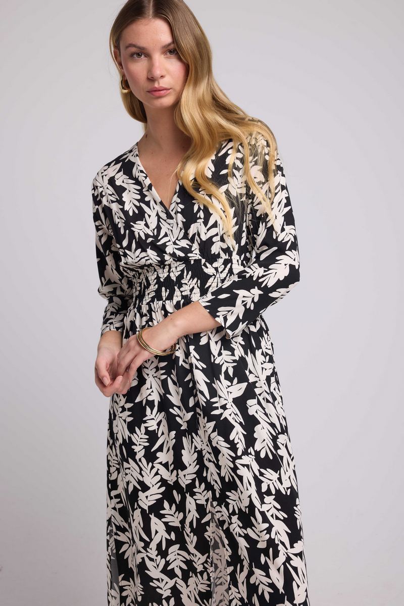 Robe Longue Manches Longues - Grosses Feuilles Noir