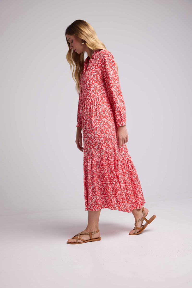 Vestido Largo Manga Larga - Flores Rojas