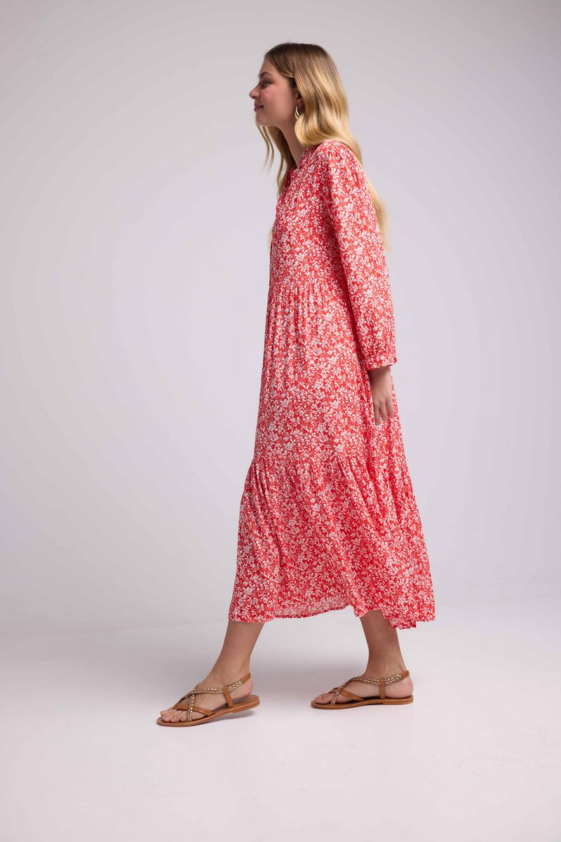 Vestido Largo Manga Larga - Flores Rojas