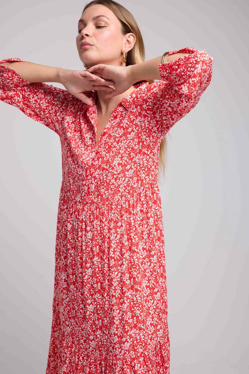 Vestido Largo Manga Larga - Flores Rojas