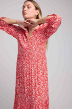 Vestido Largo Manga Larga - Flores Rojas