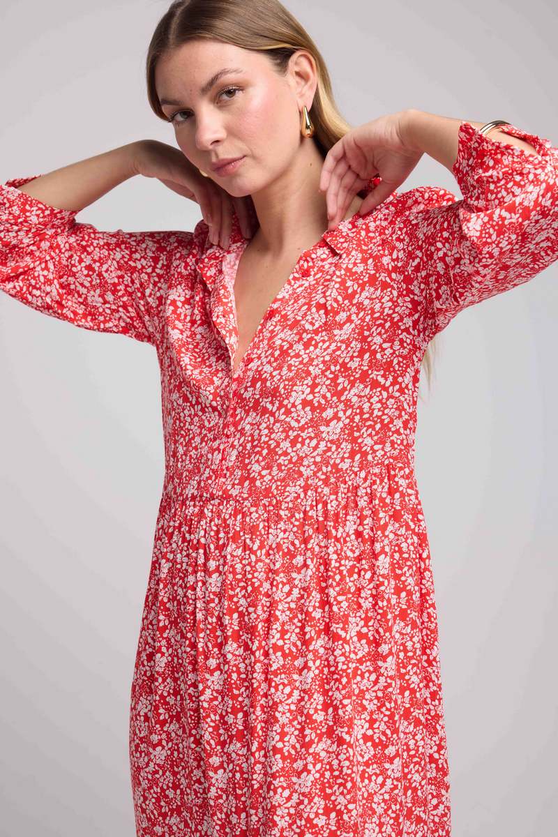 Vestido Largo Manga Larga - Flores Rojas