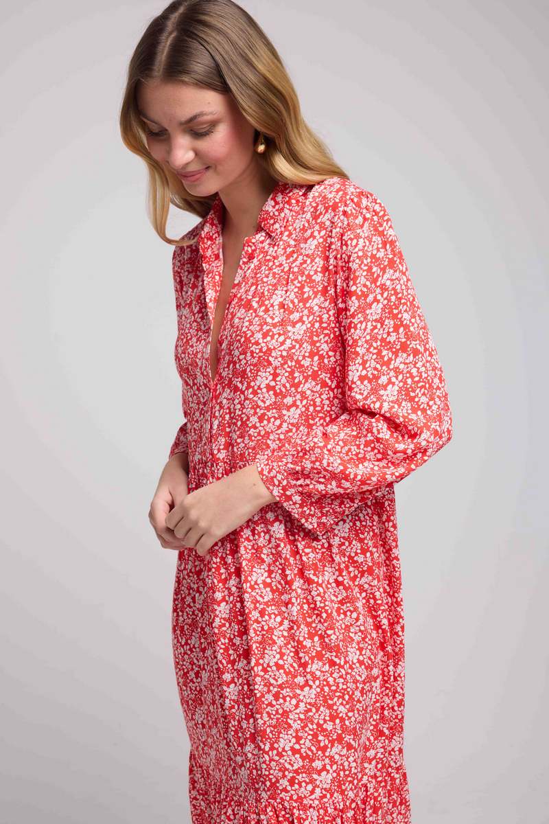 Vestido Largo Manga Larga - Flores Rojas