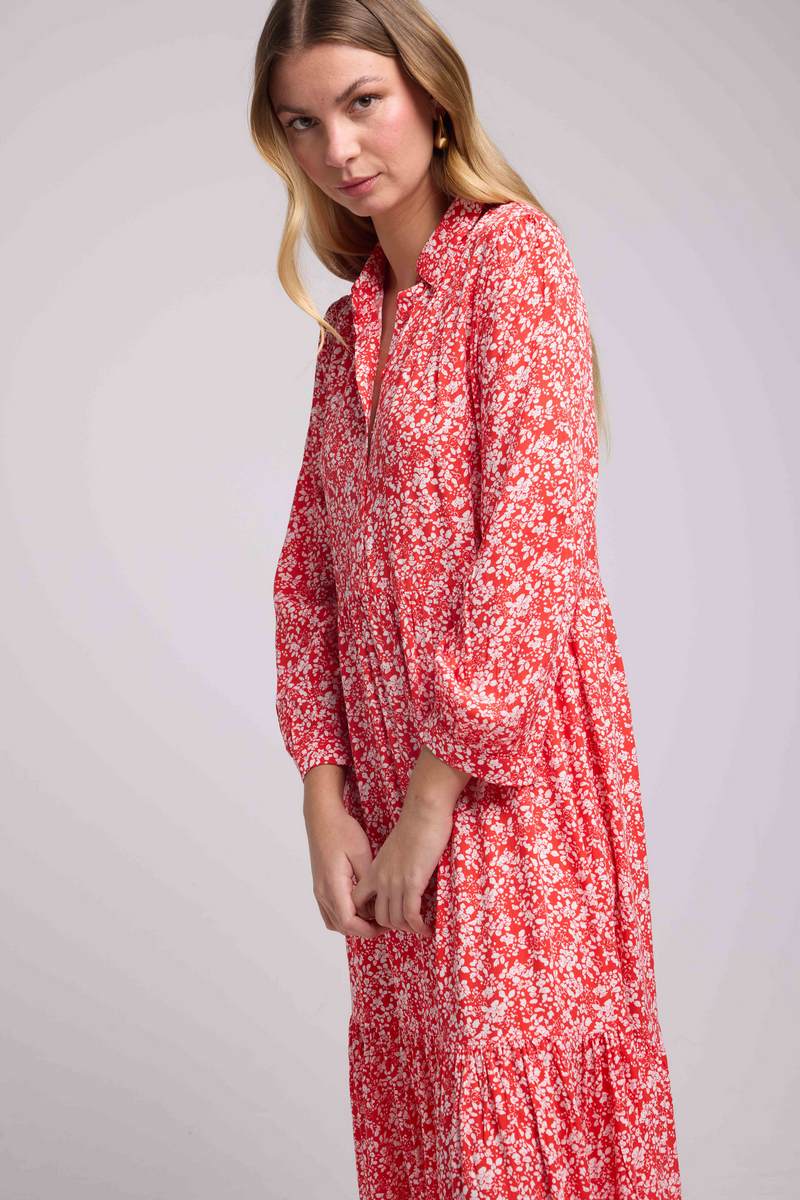 Vestido Largo Manga Larga - Flores Rojas