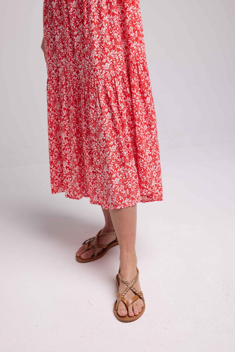 Vestido Largo Manga Larga - Flores Rojas