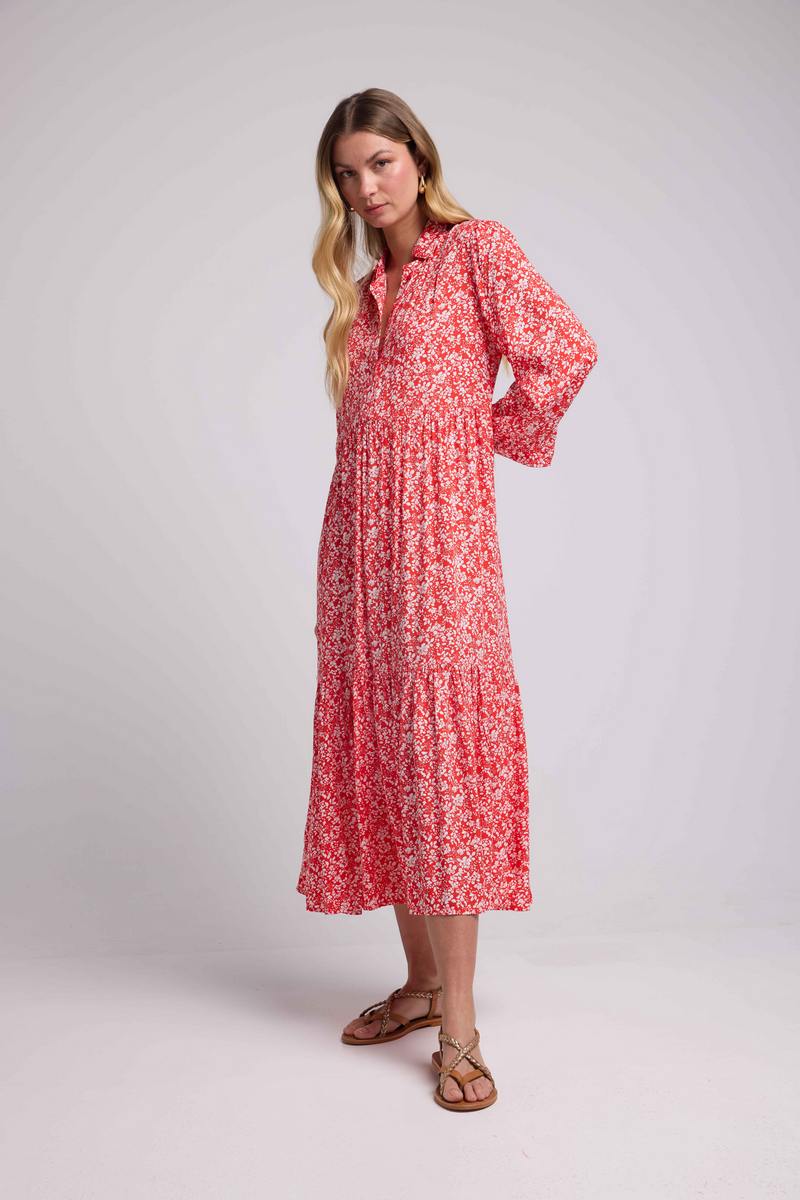 Vestido Largo Manga Larga - Flores Rojas