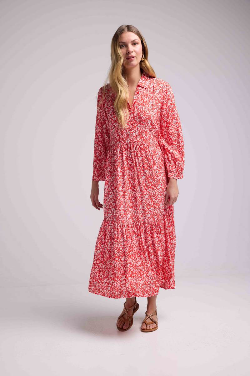Vestido Largo Manga Larga - Flores Rojas