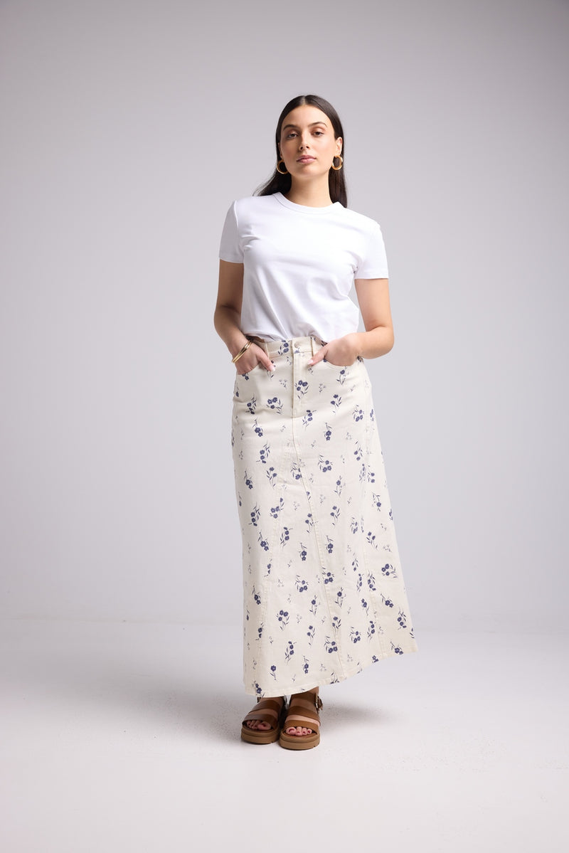 Robe Longue - Blanc Fleurs Bleu