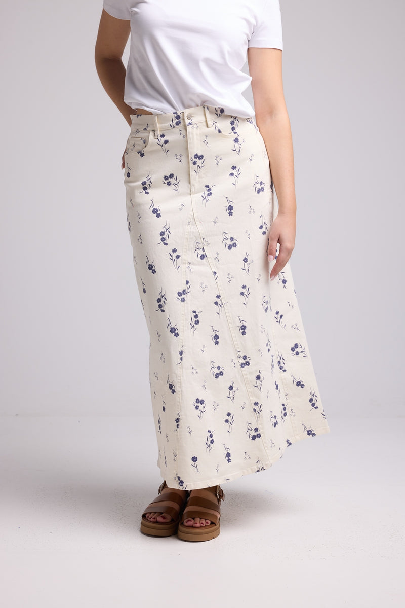Robe Longue - Blanc Fleurs Bleu