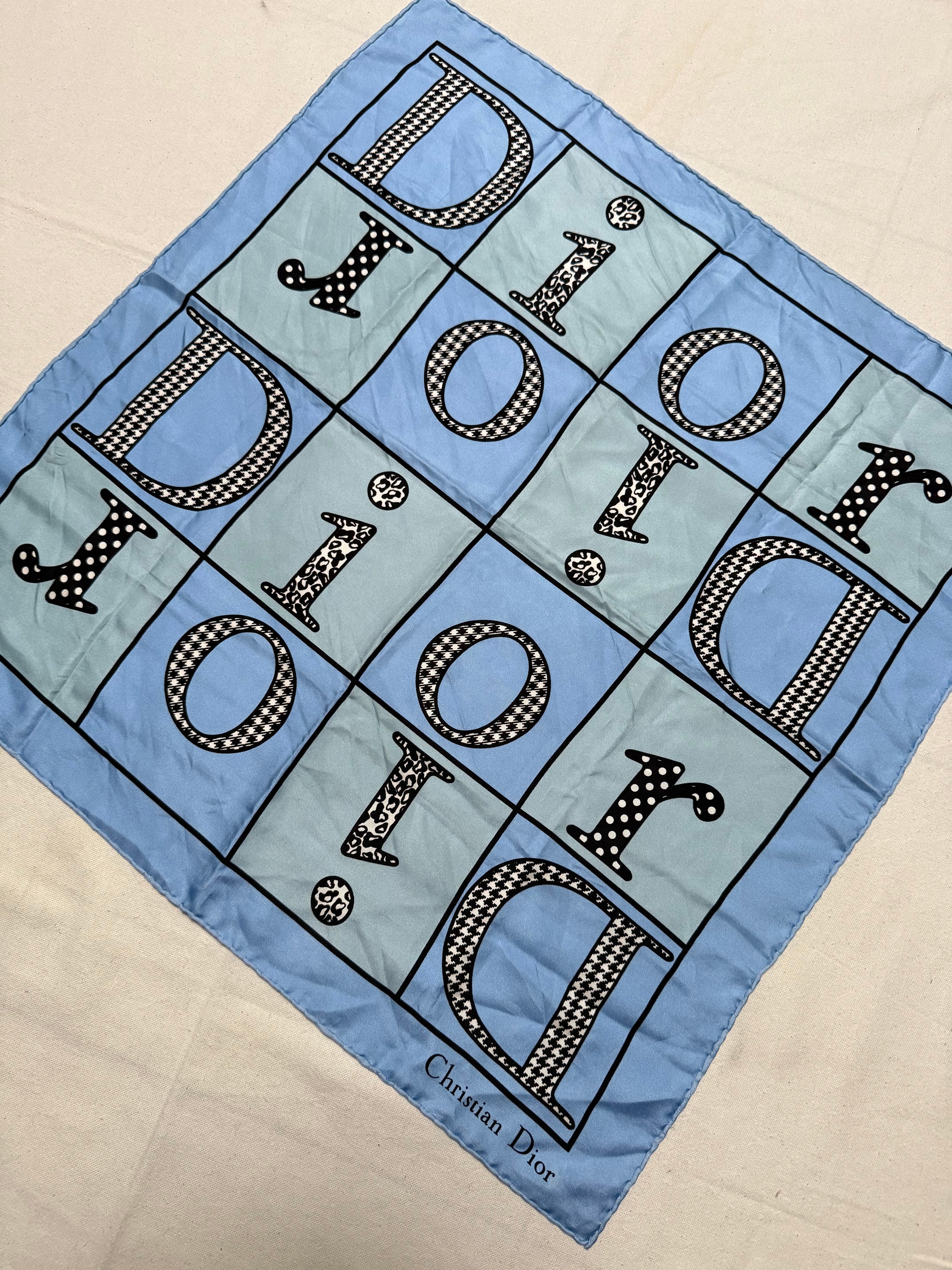 Christian Dior Scarf – Dior Inscriptions on Blue Background
